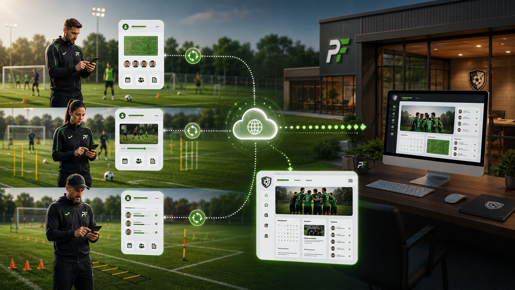 Drei Fußballtrainer pflegen ihre Mannschaften per Smartphone; die Daten werden über das Internet automatisch mit der Vereinsverwaltung und einem Teams-Modul in der bestehenden Vereinswebsite synchronisiert.