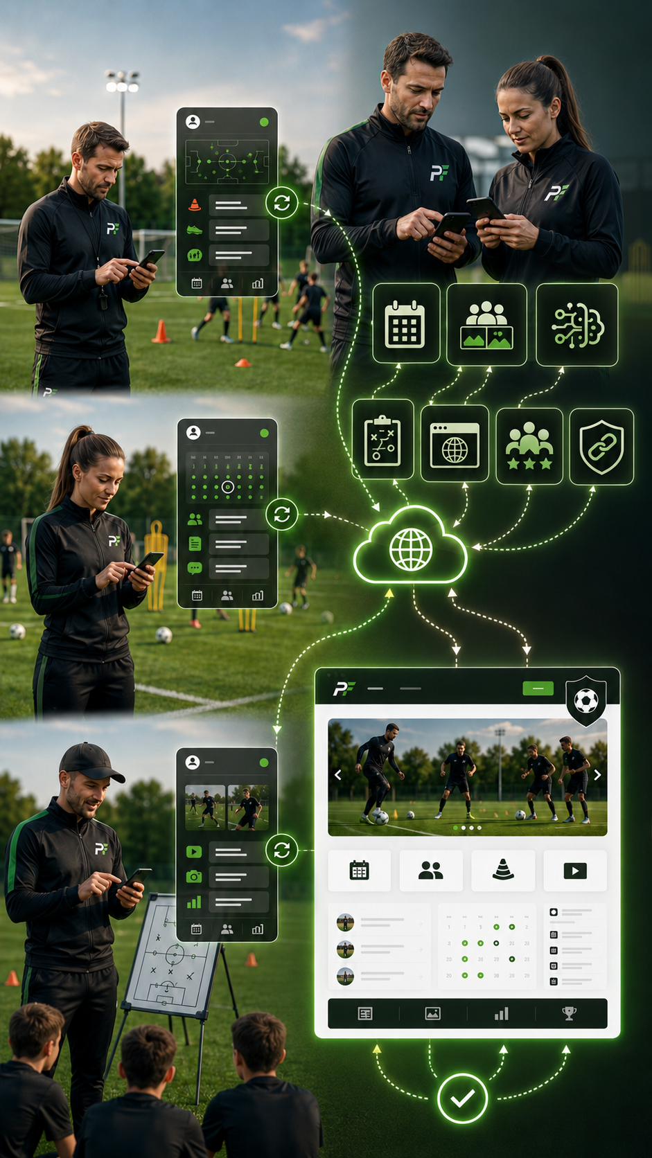 Trainer und Trainerin nutzen die App; Symbole zeigen Kalender, Teambilder, KI-Import, Trainingsplan, Teamwebseite, Feedback und Club-Hub-Verknüpfung.